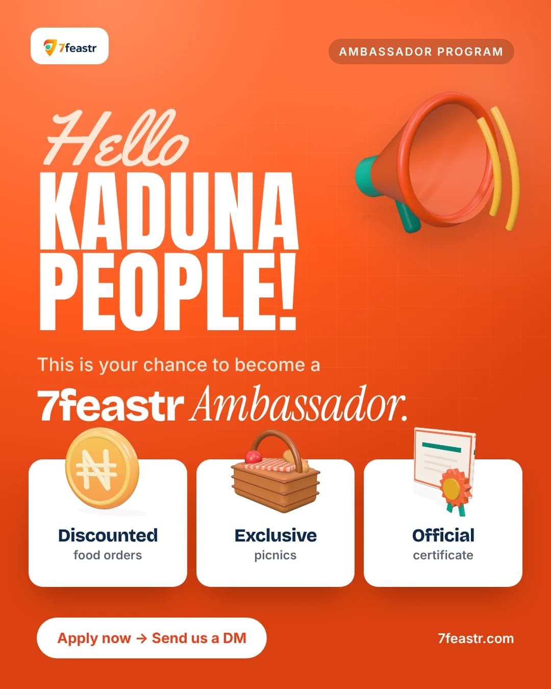 Hello Kaduna People! Become a 7feastr Ambassador: discounted food orders, exclusive picnics and an official certificate.