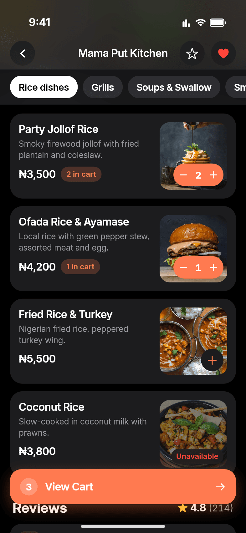 Restaurant menu in the 7feastr app