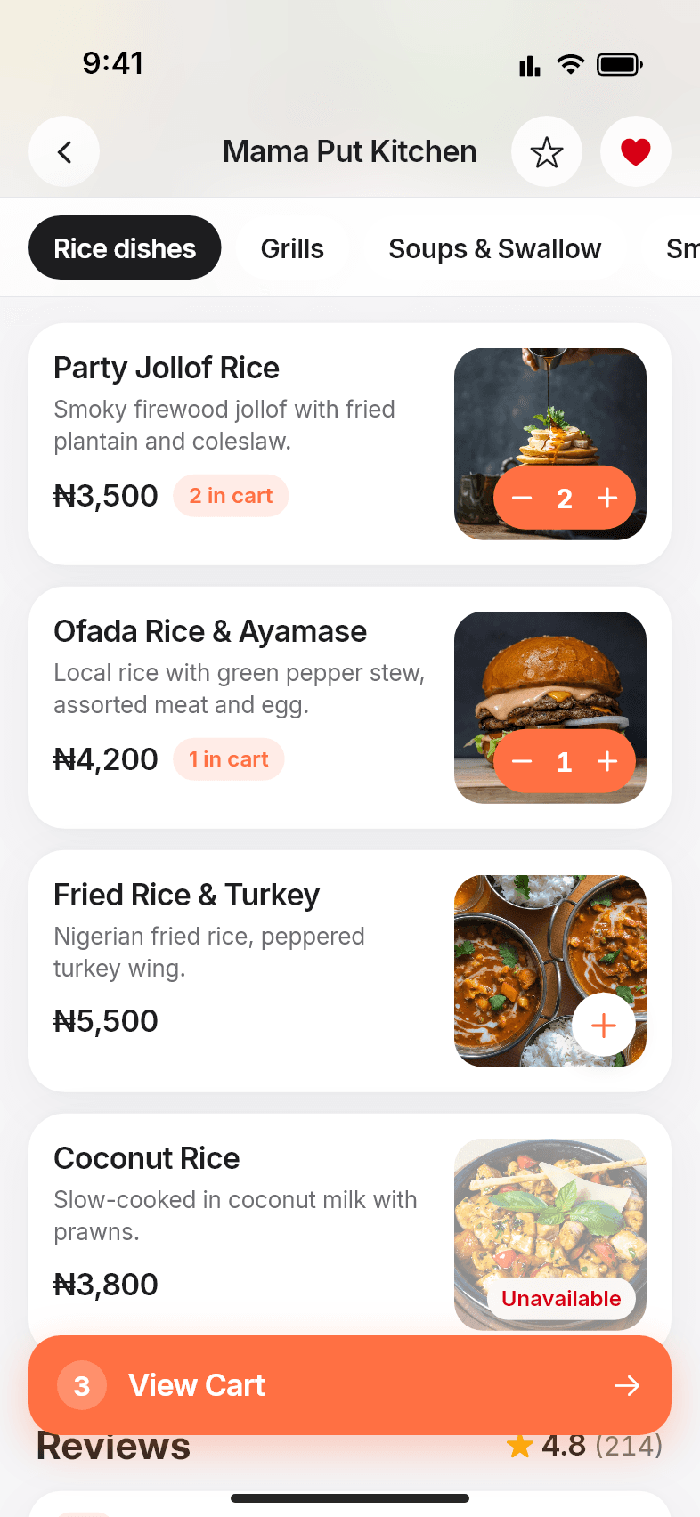 Restaurant menu in the 7feastr app