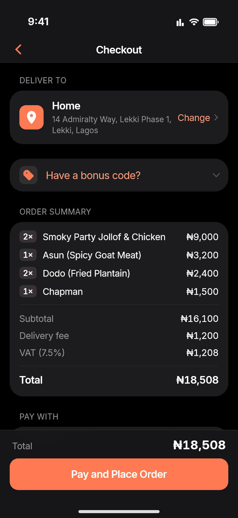 Checkout in the 7feastr app
