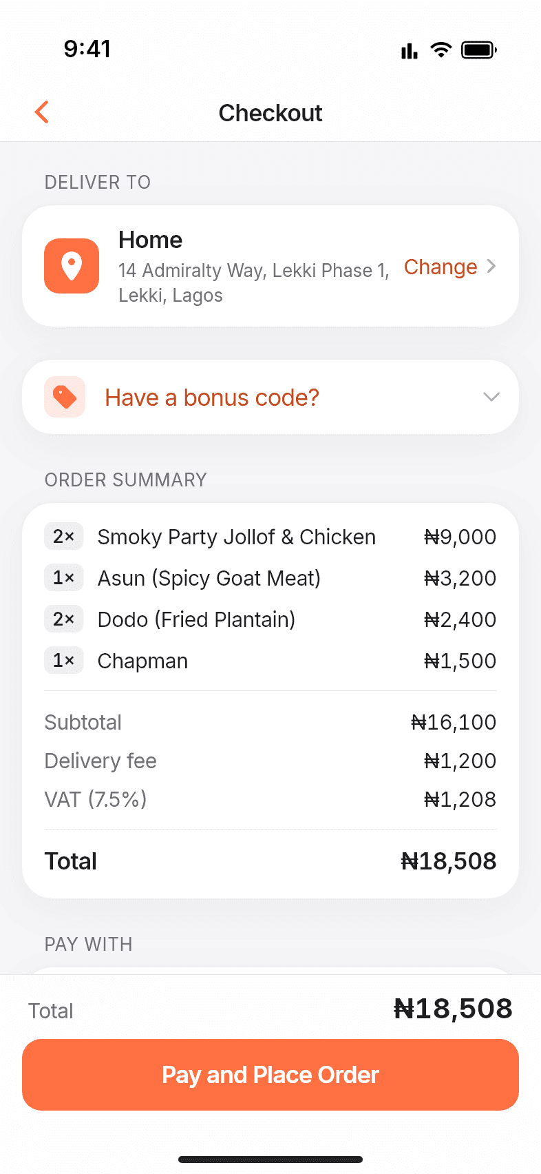 Checkout in the 7feastr app