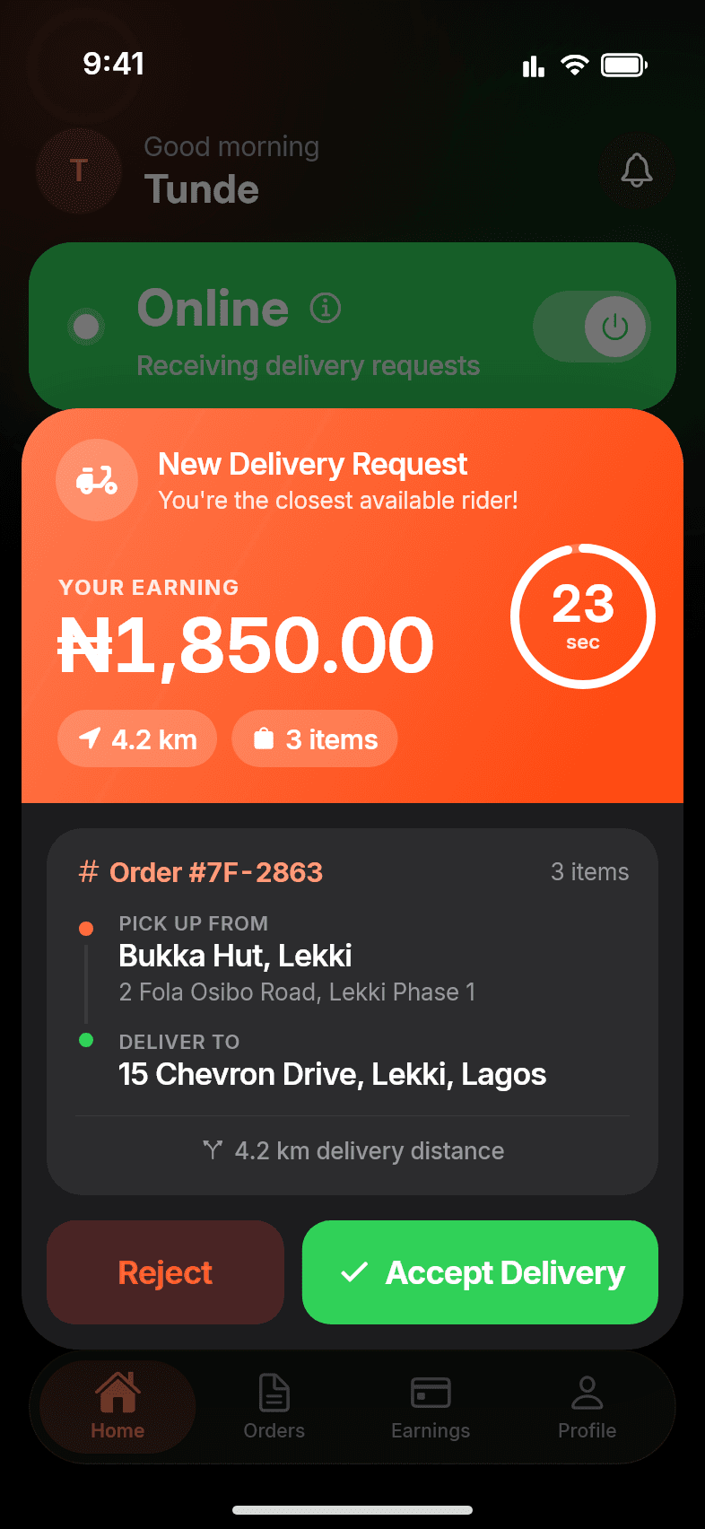New delivery request in the 7feastr rider app