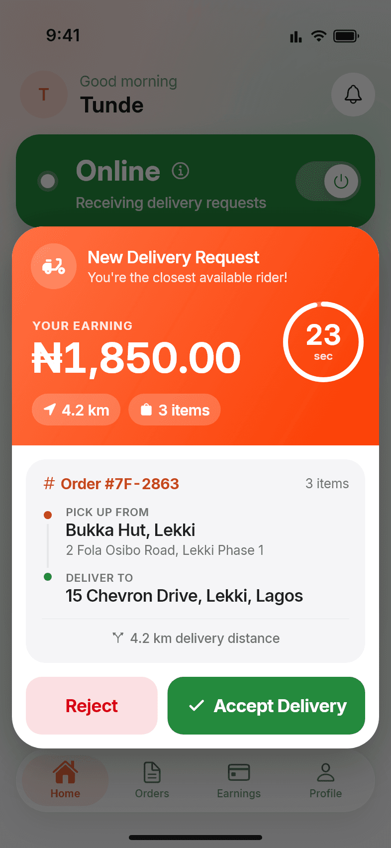 New delivery request in the 7feastr rider app