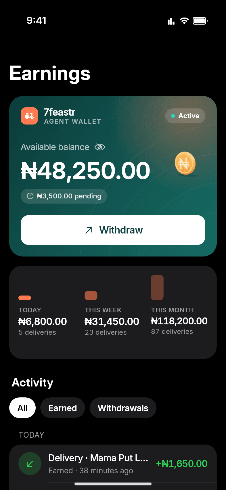 Rider earnings in the 7feastr rider app